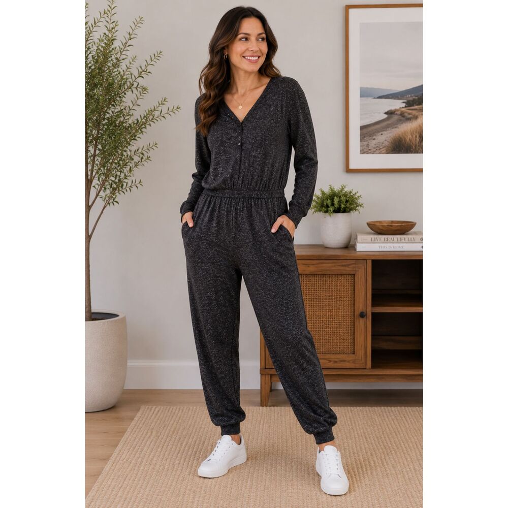 SERRA XL Charcoal Heather Long Sleeve Jogger Jumpsuit Romper